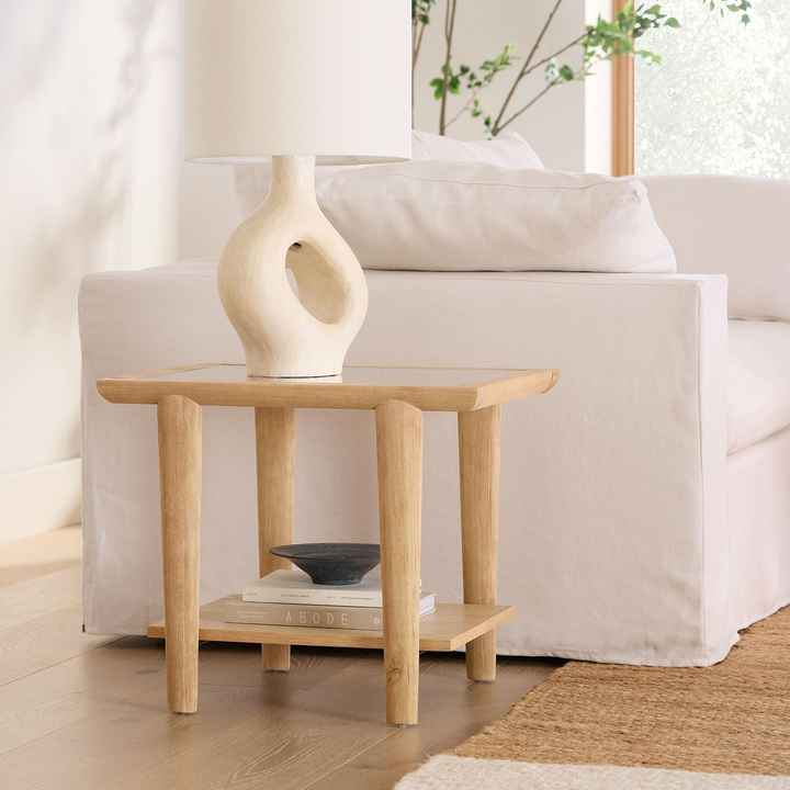 Side Table Top Glass Solid Wood Shaped Table