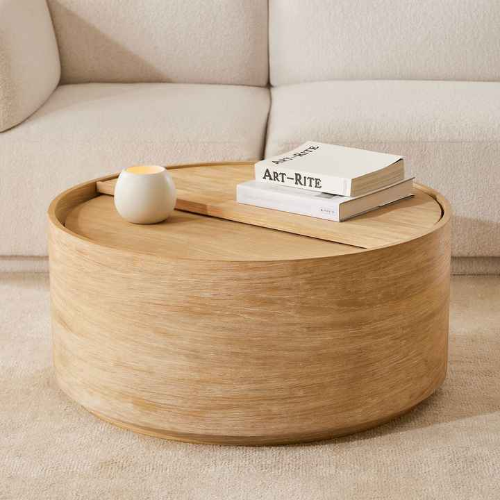 Minimalist Multifunctional Table Living Room Furniture Natural Travertine Drum Shape Storage Side Coffee Table
